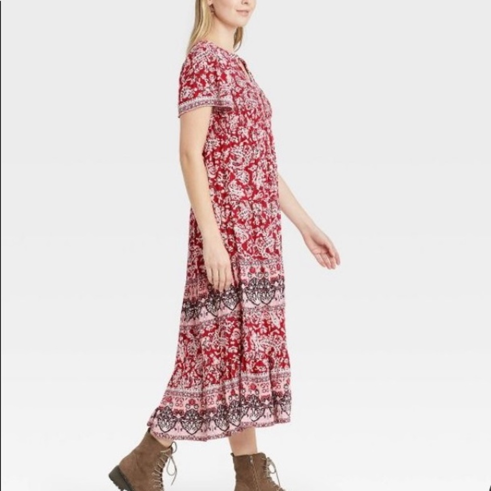 Knox Rose Dress Medium Festival Boho Hippie Red Paisley Rayon Short Sleeve NWT - Picture 3 of 4